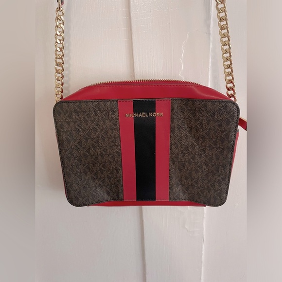 Michael Kors Jet Set Logo Stripe Crossbody Bag, Brown w/ Red Stripe, EUC! - Picture 7 of 10